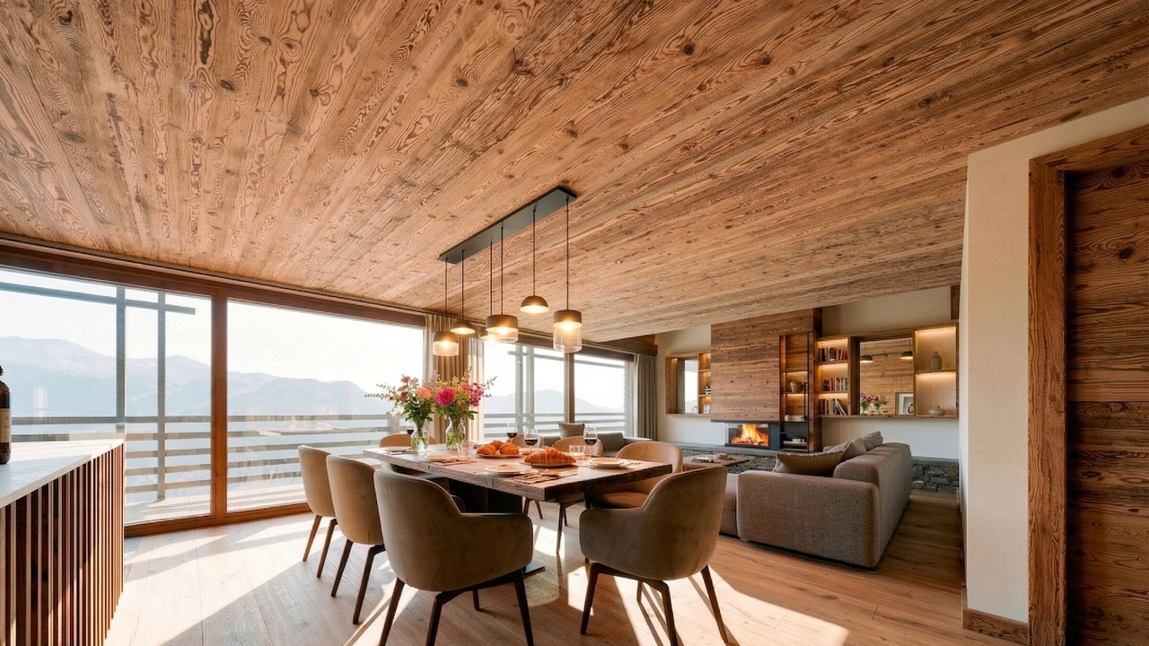 Cuisine ouverte et salle à manger avec vue sur les Alpes – Appartement Gentianes Duplex Combles - Verbier